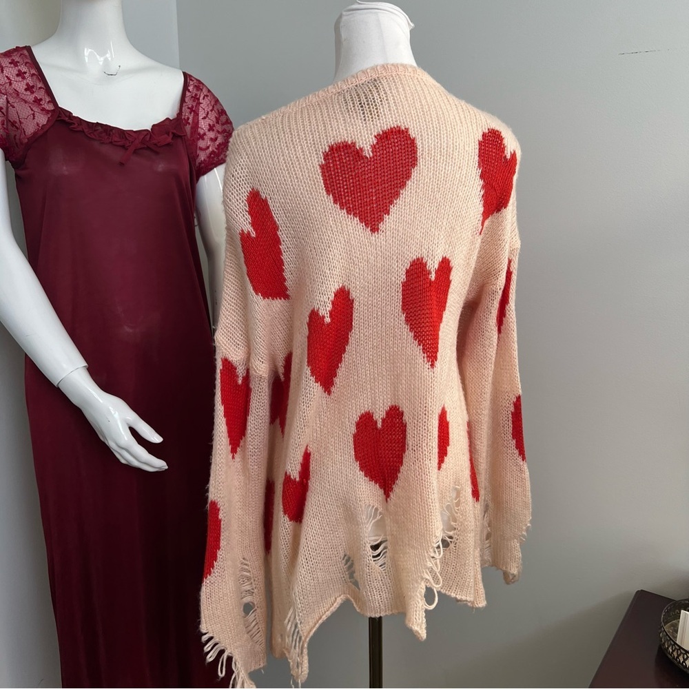 Wildfox Heart Print Distressed Knit Sweater – Oversized Slouchy S - Picture 6 of 7